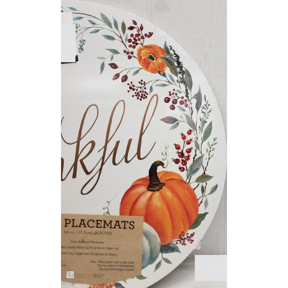 SET OF 4 HARD ROUND PLACEMATS W/CORK BACK (14